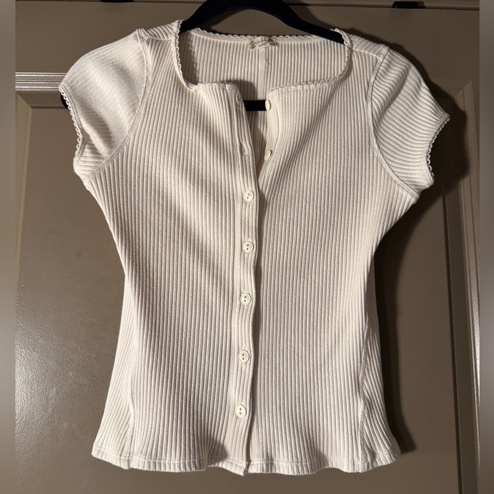 Free People Ivory Button-Down Ribbed Top